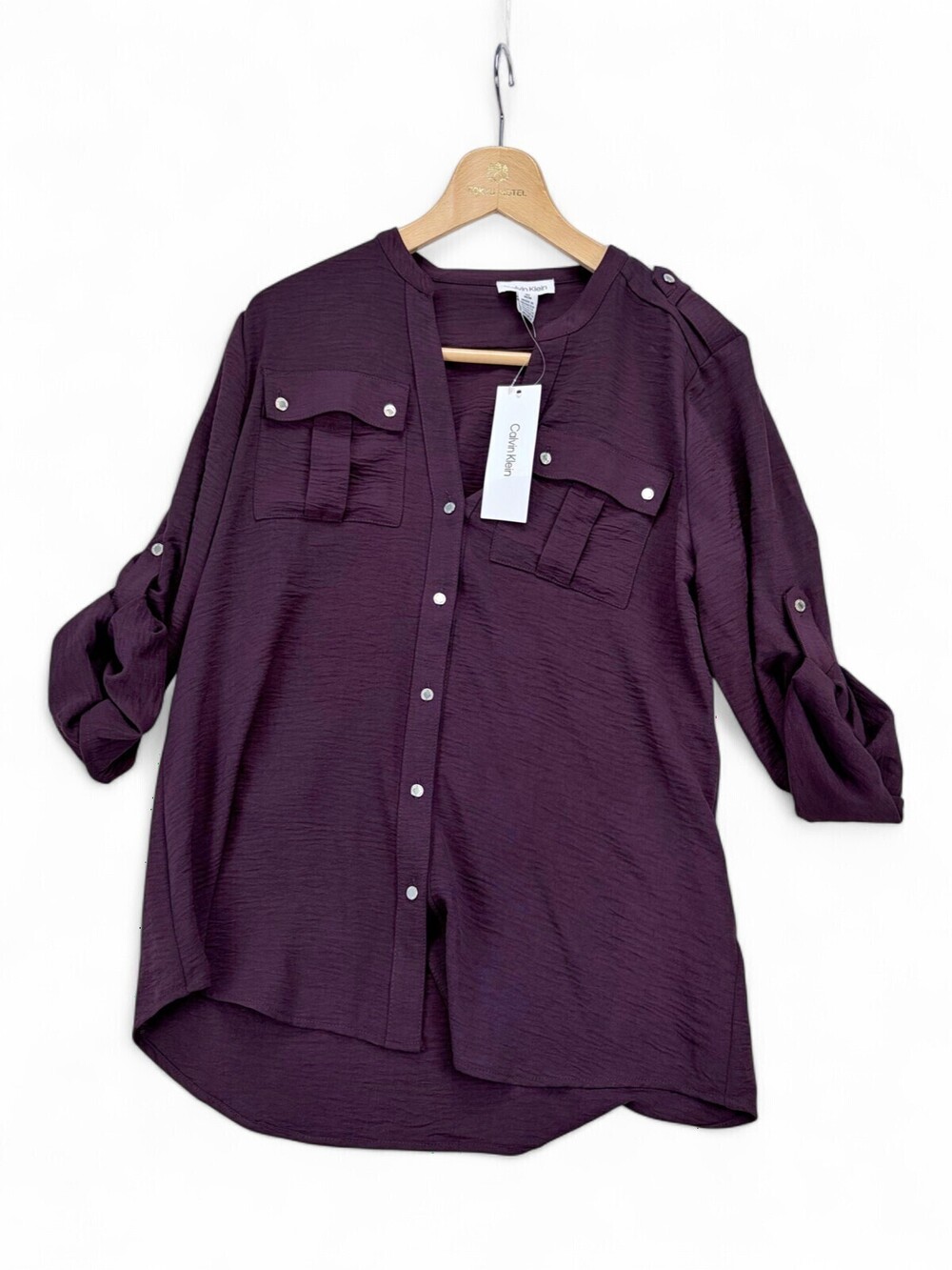 Calvin Klein Plum Roll-Tab Tunic Blouse M Button-Front